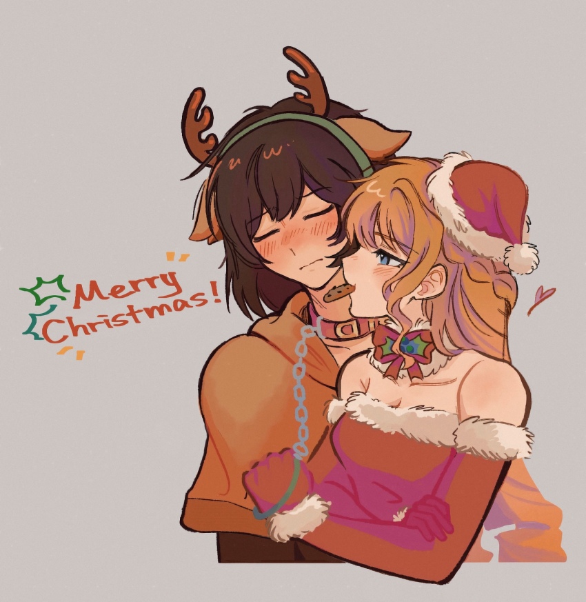 2girls animal_ears antlers blonde_hair blush braid brown_capelet brown_hair capelet christmas claire_francois closed_eyes closed_mouth deer_ears dress elbow_gloves food_in_mouth gloves grey_background half_up_braid hat heart highres horns mouth_hold multiple_girls rae_taylor red_dress red_gloves reindeer_antlers santa_costume santa_dress santa_hat strapless strapless_dress t4yl0r712 upper_body watashi_no_oshi_wa_akuyaku_reijou yuri