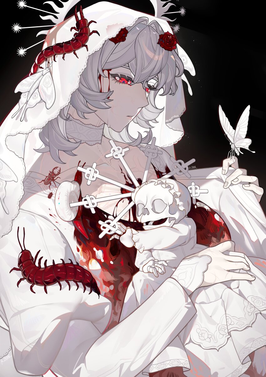 1girl absurdres beetle black_background blood blood_drip bug centipede commentary crrn dress english_commentary halo highres holding_skeleton insect long_hair long_sleeves looking_at_viewer original parted_lips red_eyes simple_background skeleton upper_body veil white_dress white_hair white_veil