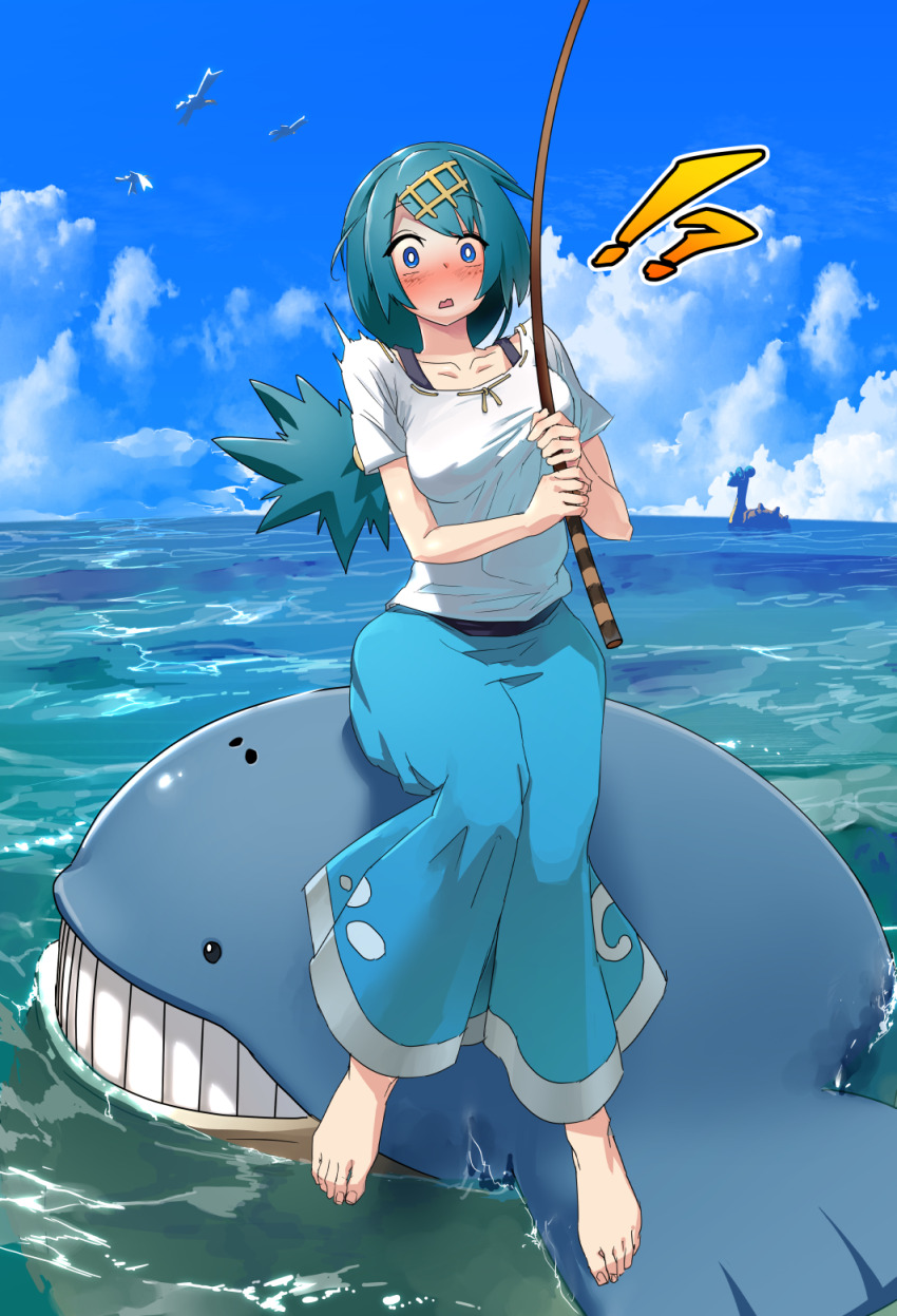 !? 1girl aged_up alternate_hair_length alternate_hairstyle barefoot bell-bottoms bird blue_pants blush breasts cloud collarbone commentary day fishing fishing_rod gen_1_pokemon gen_3_pokemon hairband highres holding holding_fishing_rod jako_(boke_poke) lana_(pokemon) lapras long_hair nintendo no_sclera ocean open_mouth outdoors pants pokemon pokemon_(anime) pokemon_(creature) pokemon_sm_(anime) ponytail riding riding_pokemon shirt short_sleeves sitting sky surprised toes wailmer water white_shirt wingull yellow_hairband