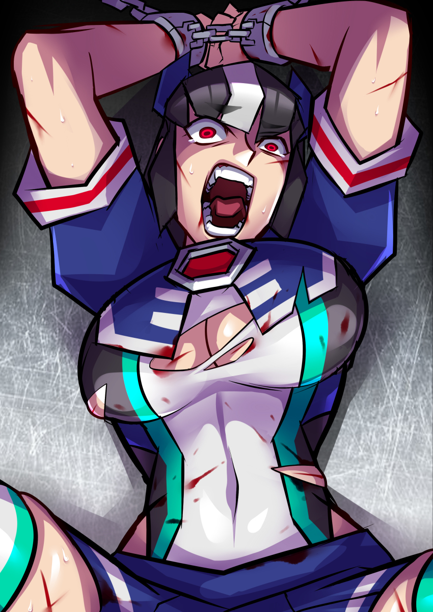 1girl absurdres black_hair blood breasts bruise chain chained chained_wrists cleavage covered_navel cuts female_focus fortress_maximus genderswap genderswap_(mtf) hairband highres injury large_breasts miniskirt multicolored_hair open_mouth personification ryuusei_(mark_ii) skirt solo spread_legs striped_clothes striped_thighhighs tears teeth thighhighs torn_clothes transformers two-tone_hair white_hair