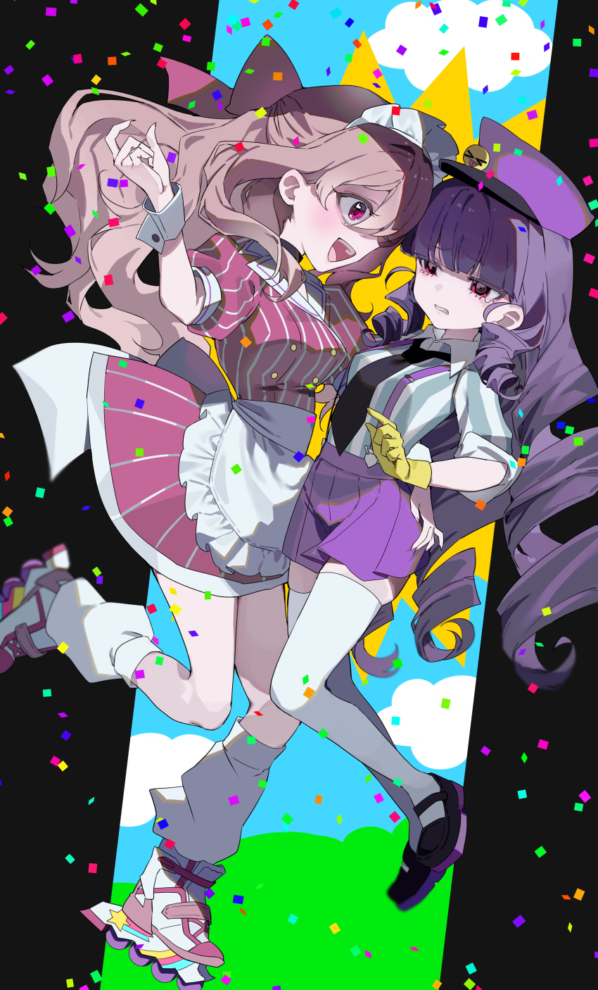 2girls :d absurdres apron black_necktie black_shoes blue_sky blunt_bangs blush bow brown_hair carhop clenched_teeth cloud cloudy_sky collared_shirt colored_shoe_soles commentary_request confetti dress drill_hair drill_sidelocks employee_uniform eye_contact fast_food_uniform frown full_body gloves grey_stripes hair_bow half_updo hand_on_another&#039;s_hip hand_up hat highres kote1 kudou_sumire leg_warmers long_hair looking_at_another lower_eyelashes_only maid_apron maid_headdress mesmerizer_(vocaloid) multiple_girls necktie open_mouth original parody peaked_cap pink_bow pink_dress pink_eyes pinstripe_dress pinstripe_pattern pleated_shorts profile puffy_short_sleeves puffy_sleeves purple_hair purple_hat purple_shorts roller_skates scared shirt shoes short_dress short_shorts short_sleeves shorts side-by-side sidelocks skates skindentation sky smile striped_clothes striped_shirt sugar_loop teeth thighhighs vertical-striped_clothes vertical-striped_shirt waist_apron waitress white_apron white_leg_warmers white_shirt white_thighhighs white_wrist_cuffs wide-eyed wrist_cuffs yellow_gloves yuri