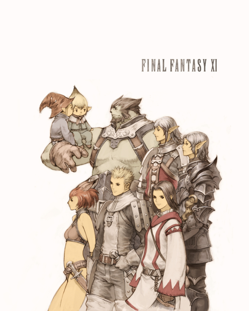 3girls 5boys adventurer_(ff11) aiba_ryosuke animal_ears armor bare_shoulders beard belt black_armor black_hair blonde_hair breastplate breasts brown_belt brown_mittens cat_ears closed_mouth colored_skin commentary copyright_name curtained_hair dagger dark_knight_(final_fantasy) elf elvaan facial_hair final_fantasy final_fantasy_xi galka gloves green_skin grey_gloves grey_hair hat highres hume knife medium_breasts mithra_(ff11) mittens multiple_boys multiple_girls official_art pointy_ears red_hair robe second-party_source short_hair shoulder_spikes simple_background sitting_on_arm smile spiked_armor spikes tarutaru weapon white_background white_mage_(final_fantasy) white_robe witch_hat
