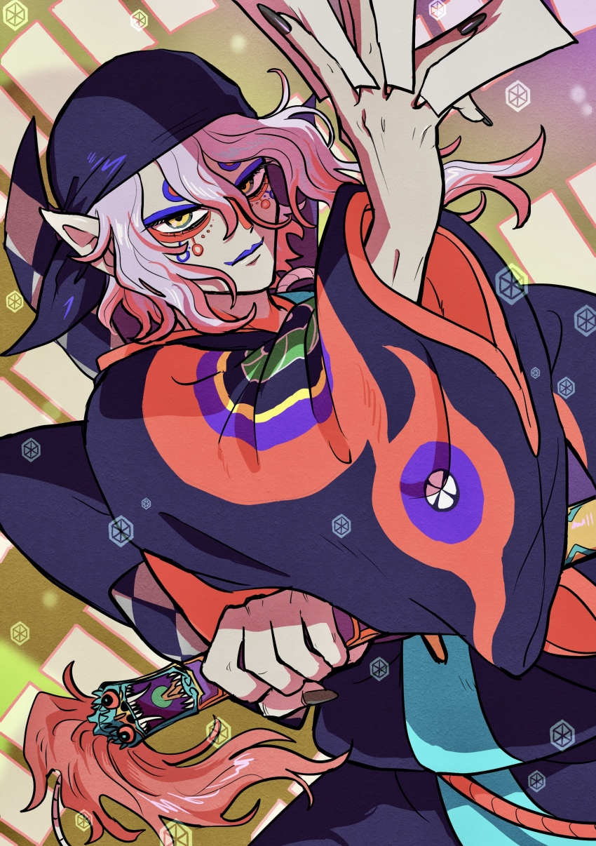 1boy absurdres bandana between_fingers black_nails facepaint hair_between_eyes highres holding japanese_clothes kusuriuri_(gekijouban_mononoke) lipstick long_hair looking_at_viewer makeup male_focus misoko_(toomuchsushi) mononoke ofuda ofuda_between_fingers pointy_ears solo wavy_hair wide_sleeves yellow_eyes