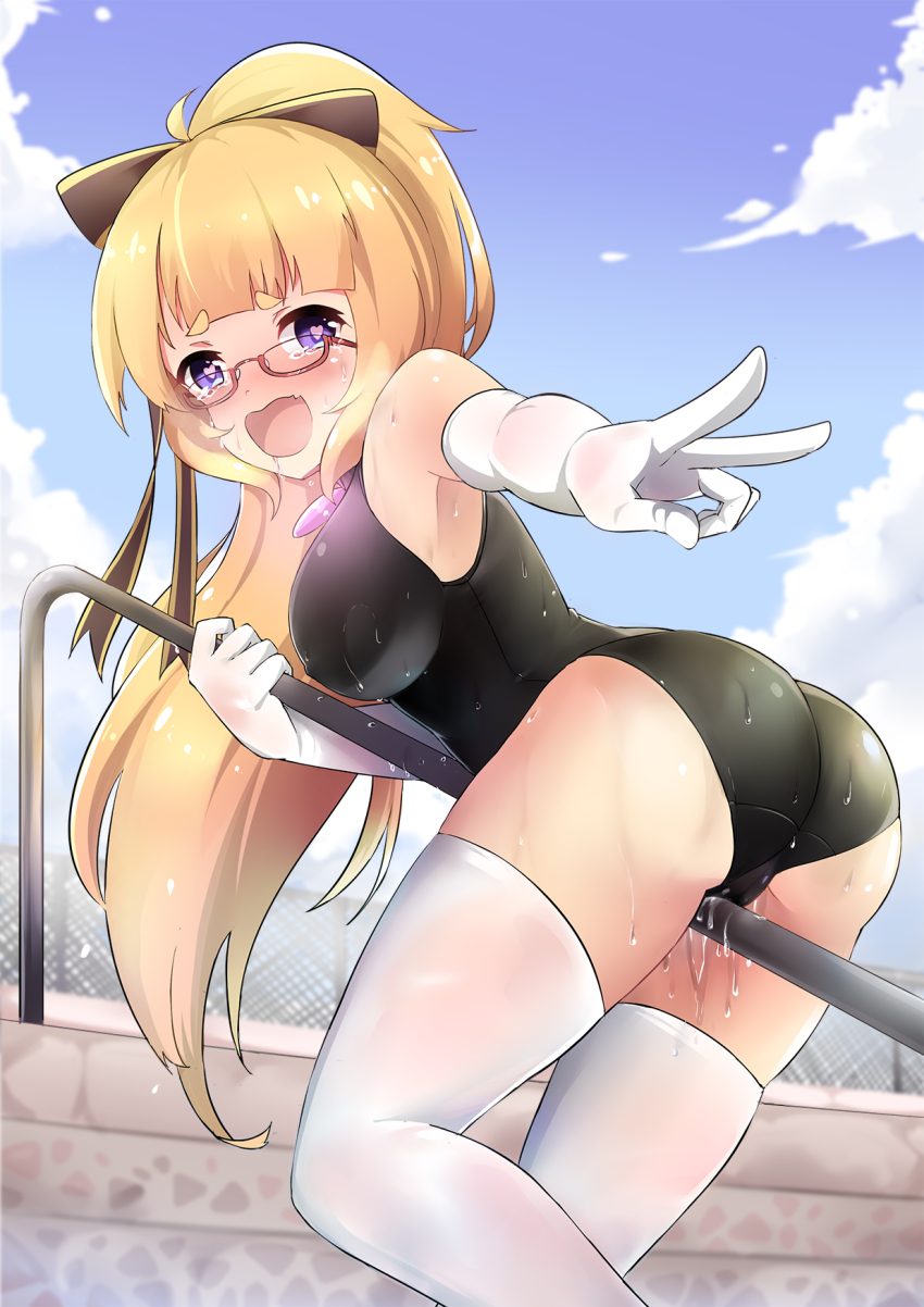 1girl armpits bare_shoulders blonde_hair blue_eyes breasts elbow_gloves glasses gloves hair_ribbon high_ponytail highleg highres large_breasts masturbation original ponytail pool pool_ladder pussy_juice ribbon school_swimsuit sudhiro_sappurisa swimsuit thighhighs v wet white_gloves white_thighhighs
