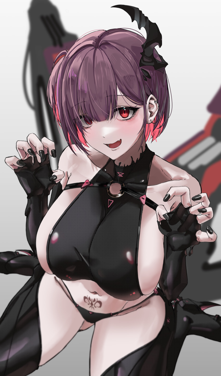 1girl above_cleavage_cutout absurdres belt black_horns black_liquid black_nails breasts chest_belt claw_pose collarbone commentary_request disgustingtokki earclip fang goddess_of_victory:_nikke halter_shirt halterneck highres horns large_breasts liquid_clothes looking_at_viewer mechanical_wings micro_panties o-ring o-ring_belt o-ring_strap one_side_up panties paw_pose pubic_tattoo sideboob single_horn sitting skin_fang skindentation smile tattoo thighs underwear wariza wet_suit wings ziz_(nikke)