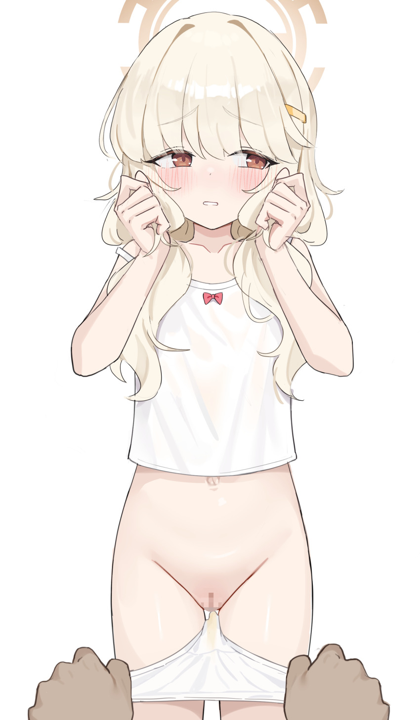 1girl absurdres aoba_(blue_archive) averting_eyes blue_archive blush camisole censored halo highres loli long_hair mosaic_censoring navel panties panty_pull pee_stain shengtian simple_background solo_focus stained_panties underwear variant_set white_background white_camisole white_panties
