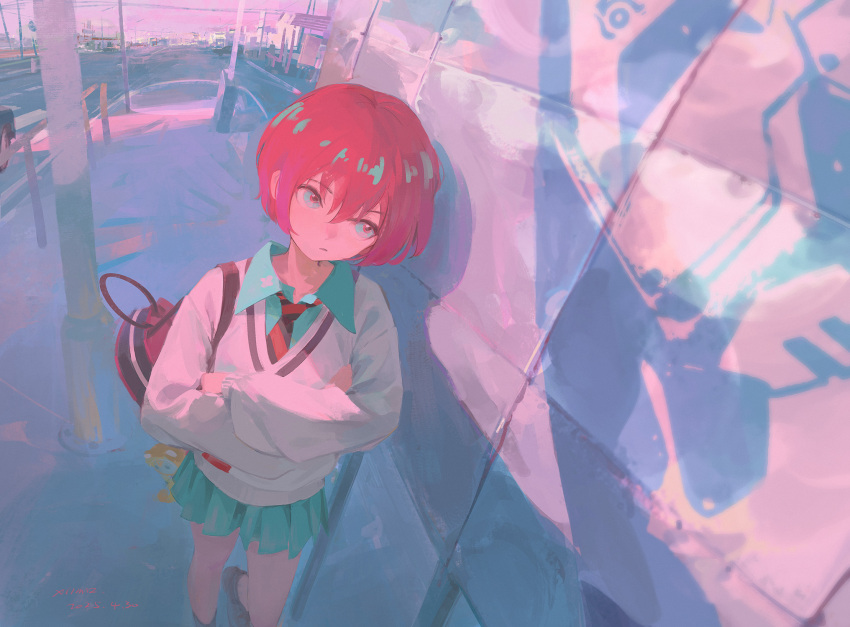 1girl against_wall amate_yuzuriha aqua_eyes bag collared_shirt commentary crossed_arms day feet_out_of_frame from_above gundam gundam_gquuuuuux highres necktie outdoors red_hair road school_bag school_uniform shirt short_hair skirt street sweater symbol-only_commentary xilmo