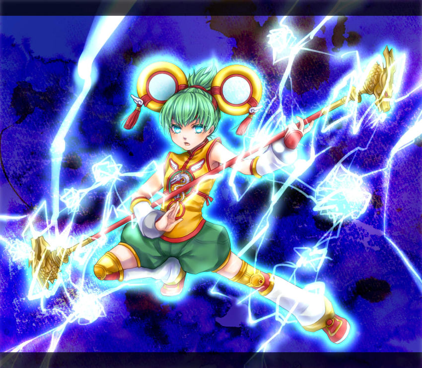 10s 1girl blue_eyes chinese_clothes detached_sleeves dragon_kid electricity female_focus glowing glowing_eyes green_hair hat ponytail shiratama_(mofutto) short_hair short_ponytail shorts solo staff superhero_costume thighhighs tiger_&amp;_bunny
