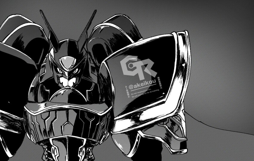 akeikou alphamon armor digimon digimon_(creature) forehead_jewel gradient_background greyscale highres knight monochrome shoulder_armor solo upper_body watermark