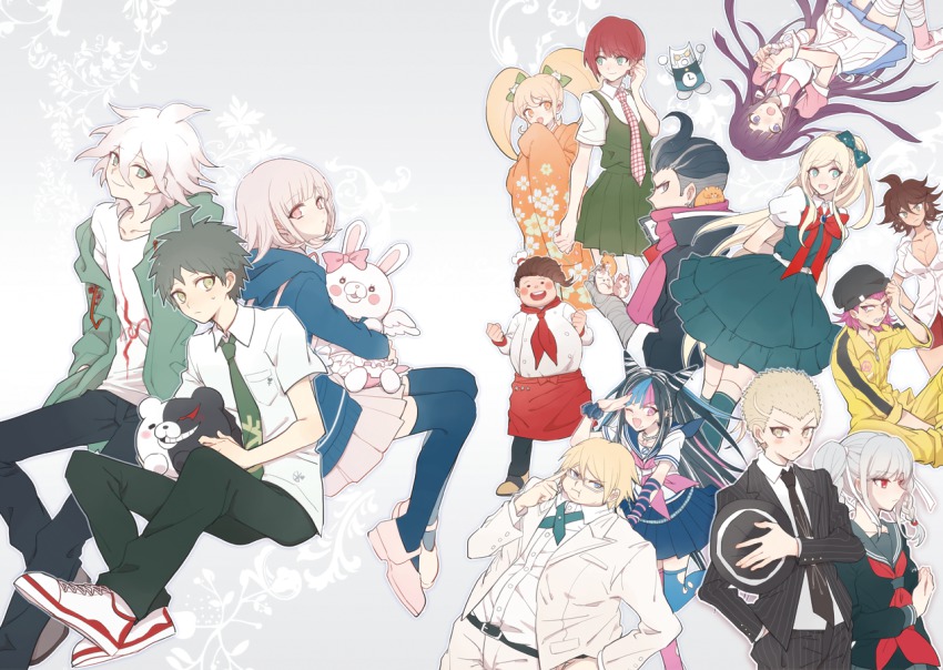 10s 6+boys 6+girls animal bandages black_hair blonde_hair blue_eyes blue_hair blush_stickers bow breasts brown_hair cham-p chuunibyou cleavage danganronpa_(series) everyone formal_clothes glasses green_eyes grey_eyes grey_hair hair_bow hamster hanamura_teruteru hat heke heterochromia hinata_hajime japanese_clothes jum-p kimono koizumi_mahiru komaeda_nagito kuzuryu_fuyuhiko large_breasts long_hair maga-g mioda_ibuki monokuma monomi_(danganronpa) multicolored_hair multiple_boys multiple_girls nanami_chiaki nidai_nekomaru one_eye_closed open_mouth orange_eyes owari_akane pekoyama_peko pink_eyes pink_hair purple_hair red_eyes red_hair saionji_hiyoko scar scarf scarf_over_mouth short_hair smile sonia_nevermind soda_kazuichi suit sun-d danganronpa_2:_goodbye_despair tanaka_gundham tanaka_gundam togami_byakuya togami_byakuya_(danganronpa_2) tsumiki_mikan white_hair wink yellow_eyes