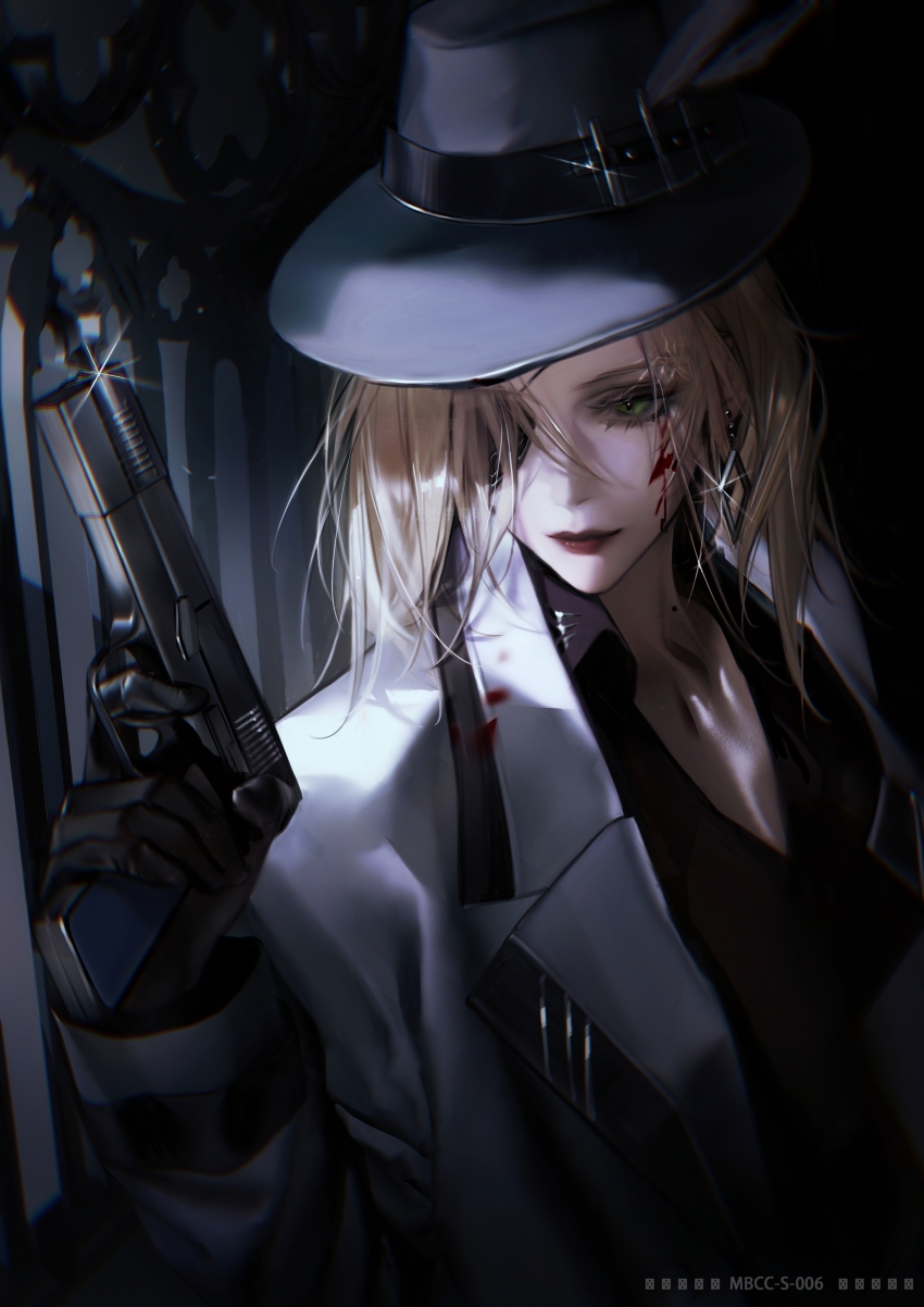 1girl absurdres aiming_up banister black_gloves black_shirt blonde_hair blood blood_on_clothes blood_on_face bullet coat collared_shirt diffraction_spikes dim_lighting earrings expressionless eyepatch finger_on_trigger forehead_tattoo gloves green_eyes grey_coat grey_hat gun handgun hat hat_feather highres holding holding_gun holding_weapon jewelry langley_(path_to_nowhere) lips one_eye_covered path_to_nowhere shirt single_earring solo spider_tattoo tattoo trilby upper_body weapon zhishi_yuyuanqiu