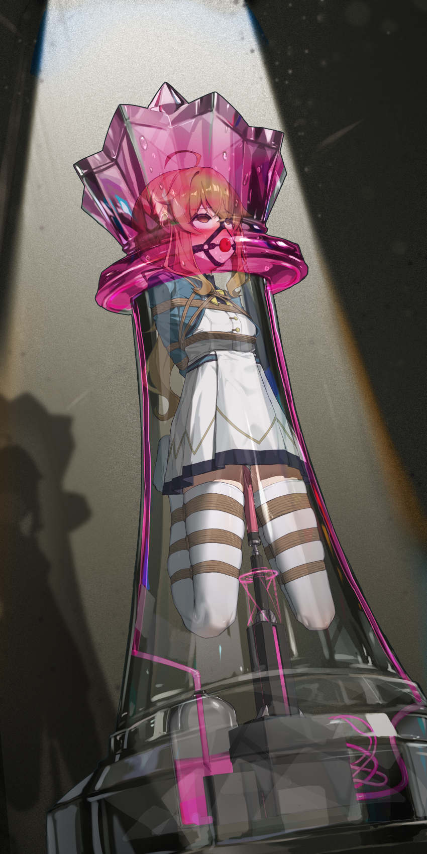 absurdres ahegao ahoge arms_behind_back ball_gag bdsm bondage bound breasts brown_eyes brown_hair dildo dress frogtie gag gag_harness gagged highres long_hair monica_everett object_insertion pussy_juice restrained sex_machine sex_toy shibari shibari_over_clothes silent_witch skindentation small_breasts thighhighs vaginal vaginal_object_insertion white_thighhighs xiongmao zettai_ryouiki