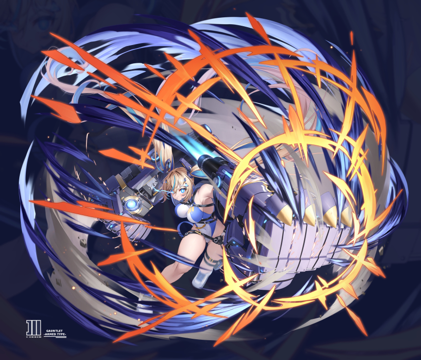 1girl :t absurdres bare_legs bare_shoulders blonde_hair blue_background blue_eyes blue_hair blue_shoes breasts chest_harness closed_mouth commentary covered_navel english_text eye_trail full_body gauntlets glowing glowing_eyes hair_between_eyes hair_ornament hairclip harness highleg highleg_leotard highres huge_weapon impossible_clothes impossible_leotard leotard light_trail long_hair looking_at_viewer mechanical_arms medium_breasts morros multicolored_hair multicolored_leotard multicolored_shoes original pouch power_fist puffy_cheeks punching shoes sneakers solo streaked_hair symbol-only_commentary tekkou-chan_(morros) thigh_pouch thigh_strap triangle_hair_ornament twintails two-tone_hair two-tone_leotard two-tone_shoes weapon white_shoes white_sneakers zoom_layer