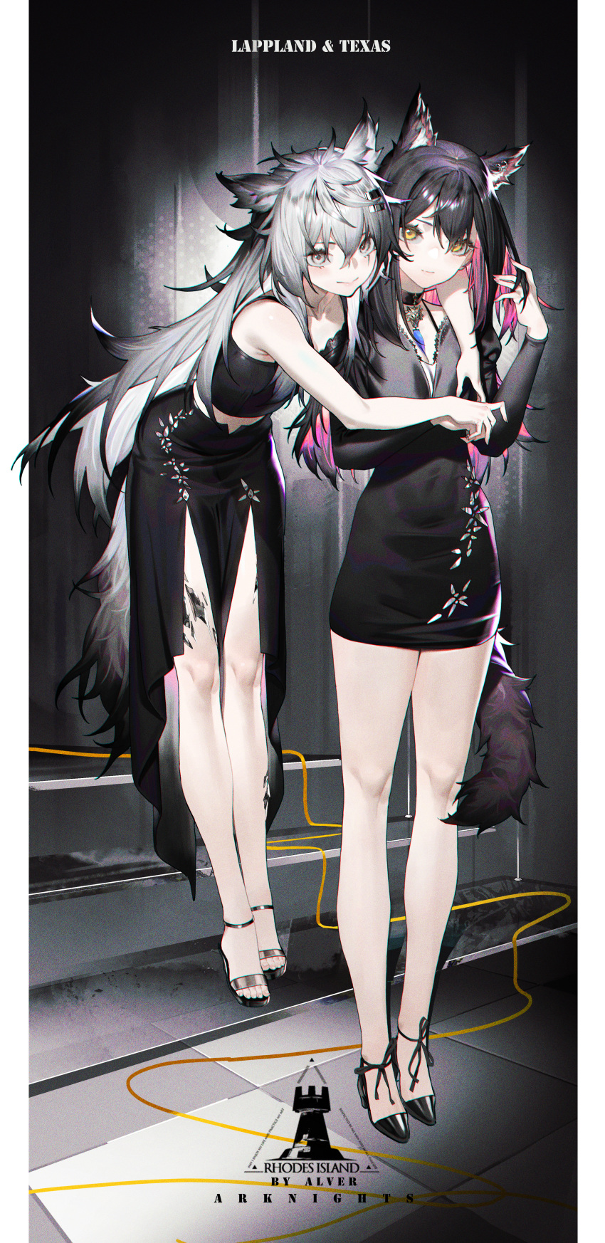 2girls absurdres alver animal_ears arknights bare_legs black_choker black_dress black_hair black_skirt character_name choker closed_mouth colored_inner_hair crop_top dress full_body grey_hair hair_between_eyes high_heels highres lappland_(arknights) leaning_forward long_hair long_sleeves looking_at_viewer material_growth multicolored_hair multiple_girls oripathy_lesion_(arknights) pink_hair skirt smile standing tail texas_(arknights) very_long_hair wolf_ears wolf_girl wolf_tail yellow_eyes