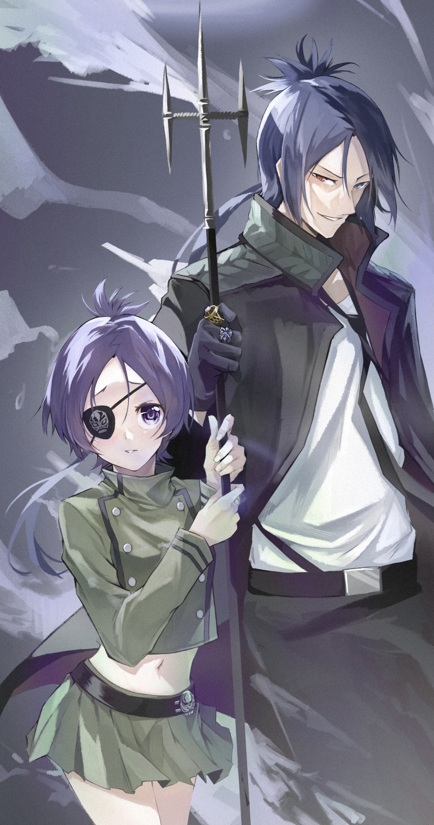 1boy 1girl absurdres blue_eyes blue_hair chrome_dokuro eyepatch highres jewelry katekyo_hitman_reborn! looking_at_viewer midriff polearm purple_eyes purple_hair ring rokudou_mukuro short_hair skirt smile taku_(user_fhus8258) weapon