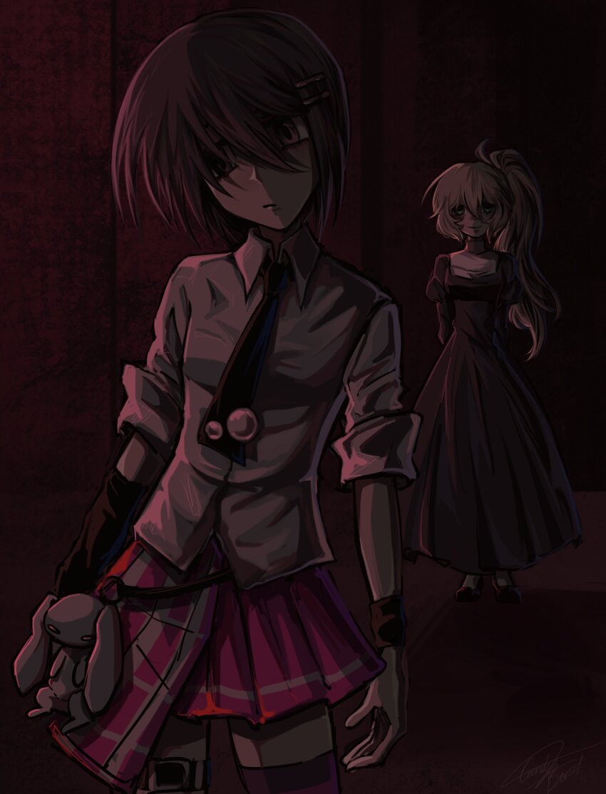 2girls absurdres black_hair black_necktie candyborsch collared_shirt dress green_eyes highres kure_kirika long_hair mahou_shoujo_madoka_magica mahou_shoujo_oriko_magica medium_hair mikuni_oriko multiple_girls necktie purple_dress shadow shirt short_sleeves three-quarter_sleeves white_hair white_shirt