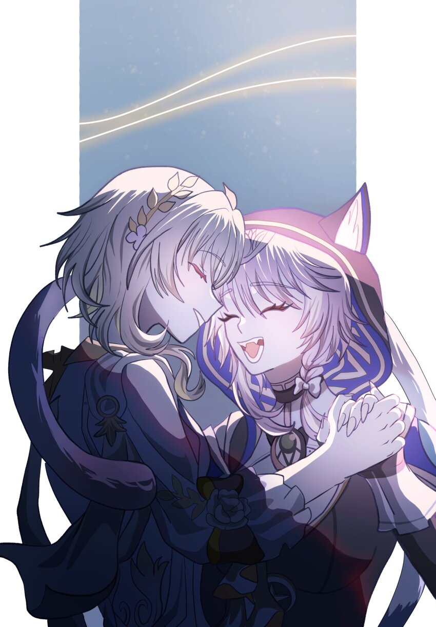 2girls aglaea_(honkai:_star_rail) animal_ears animal_hood blonde_hair breasts cat_ears cat_girl cat_hood cat_tail cipher_(honkai:_star_rail) commentary dress grey_hair highres holding_hands honkai:_star_rail honkai_(series) hood large_breasts multiple_girls oekakidekinai1 open_mouth short_hair short_hair_with_long_locks smile symbol-only_commentary tail thread two-tone_background white_dress