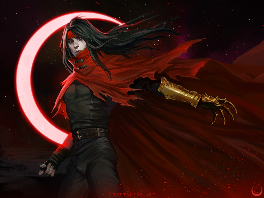1boy black_gloves black_hair black_nails black_pants black_shirt clawed_gauntlets cloak commentary cowboy_shot crescent_moon crystal_fae final_fantasy final_fantasy_vii fingerless_gloves gloves headband long_hair male_focus moon nail_polish pale_skin pants parted_bangs red_cloak red_eyes red_headband shirt solo torn_cloak torn_clothes vincent_valentine watermark web_address