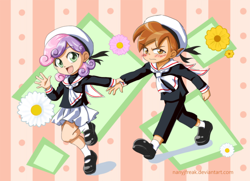 1boy 1girl black_shirt black_shoes blush brown_eyes brown_hair button_mash cardcaptor_sakura cosplay flower green_eyes long_hair long_sleeves mixed-language_commentary multicolored_hair my_little_pony my_little_pony:_equestria_girls my_little_pony:_friendship_is_magic nancysauria open_mouth pants personification pleated_skirt sailor_collar school_uniform shirt shoes short_hair skirt socks sweetie_belle sweetie_belle_(equestria_girls) tomoeda_middle_school_uniform white_sailor_collar white_skirt white_socks