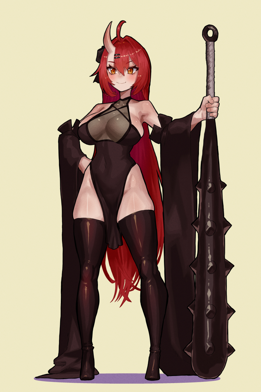 1girl absurdres ahoge bare_hips bare_shoulders black_boots black_bow black_dress black_sleeves boots bow breasts cleavage closed_mouth club club_(weapon) commentary_request commission detached_sleeves dress ekrea_jan full_body hair_between_eyes hair_bow hair_intakes hair_ornament hairclip highres holding holding_weapon horns large_breasts latex latex_boots long_hair oni orange_eyes original pelvic_curtain planted red_hair see-through_cleavage see-through_clothes single_horn skeb_commission smile solo spiked_club standing thigh_boots very_long_hair weapon wide_sleeves yellow_background