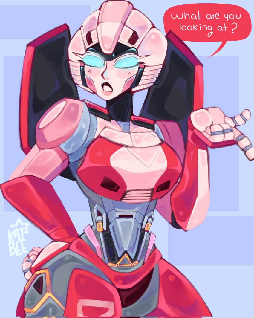 1girl arcee blue_eyes breasts english_text hand_on_own_hip helmet highres humanoid_robot kaibee_art medium_breasts metal_skin pink_lips robot robot_girl science_fiction solo speech_bubble transformers transformers:_rise_of_the_beasts transformers_(live_action)