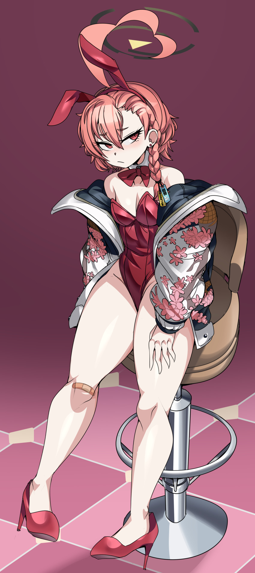 1girl absurdres animal_ears bandaid bandaid_on_knee bandaid_on_leg bare_legs bare_shoulders black_jacket blue_archive blush bow bowtie braid breasts captain_kirb collar detached_collar eyelashes fake_animal_ears female_focus full_body gradient_background grey_halo halo high_heels highres jacket jacket_partially_removed leotard looking_afar looking_to_the_side mole mole_under_eye multicolored_jacket neru_(blue_archive) neru_(bunny)_(blue_archive) petite pink_jacket playboy_bunny purple_background rabbit_ears red_bow red_bowtie red_hair red_shoes shoes short_hair simple_background single_braid sitting small_breasts solo strapless white_collar white_jacket