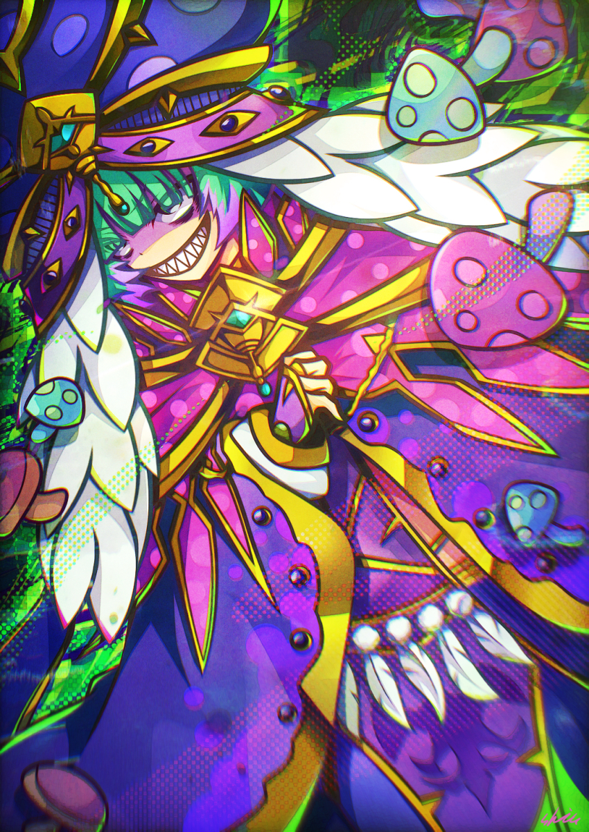 1girl bags_under_eyes blunt_bangs cloak eyes_visible_through_hair fate/grand_order fate_(series) fingerless_gloves gloves green_hair grin hat highres locusta_(fate) locusta_(second_ascension)_(fate) mushroom purple_cloak purple_hair sharp_teeth shiushiu_kurauneru_plus short_hair smile solo teeth