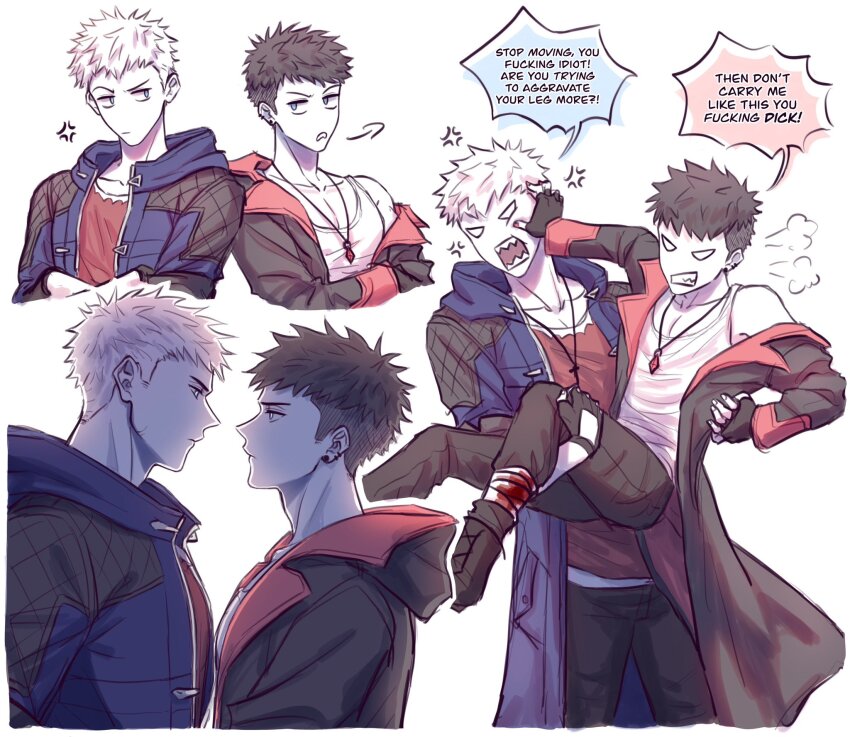 2boys bandaged_leg bandages black_hair blood bloody_bandages blue_eyes commentary dante_(dmc:_devil_may_cry) devil_may_cry devil_may_cry_(series) devil_may_cry_5 dmc:_devil_may_cry english_commentary english_text fingerless_gloves gloves highres injury jacket jewelry male_focus multiple_boys necklace nero_(devil_may_cry) pichuuuchan short_hair time_paradox uncle_and_nephew undercut white_hair