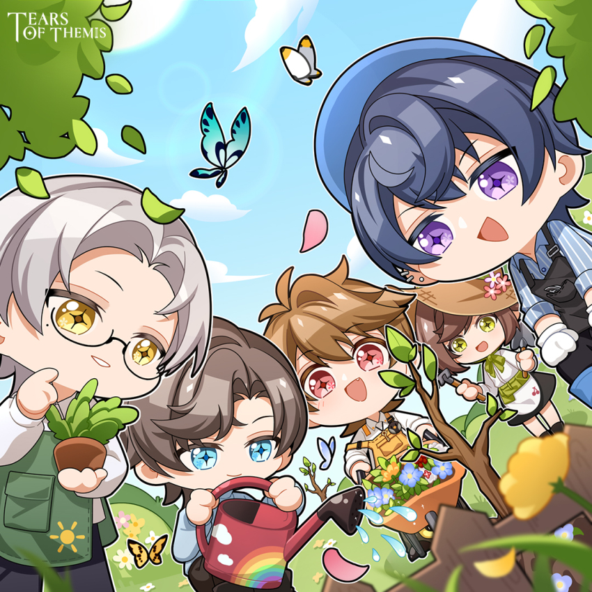 1girl 4boys :d animal apron artem_wing_(tears_of_themis) black_apron black_hair black_pants black_skirt blue_boots blue_eyes blue_hat blue_shirt blue_sky blurry blurry_foreground boots brown_apron brown_hair bug butterfly chibi closed_mouth cloud collared_shirt commentary copyright_name day depth_of_field dress_shirt dutch_angle english_commentary fang flower green_apron grey_hair hat holding insect long_sleeves luke_pearce_(tears_of_themis) marius_von_hagen_(tears_of_themis) multiple_boys official_art open_mouth outdoors pants petals plant potted_plant puffy_long_sleeves puffy_sleeves purple_eyes red_eyes rosa_(tears_of_themis) shirt single_hair_intake skirt sky smile squatting striped_clothes striped_shirt tears_of_themis vertical-striped_clothes vertical-striped_shirt vyn_richter_(tears_of_themis) waist_apron watering_can wheelbarrow white_apron white_shirt yellow_eyes yellow_flower