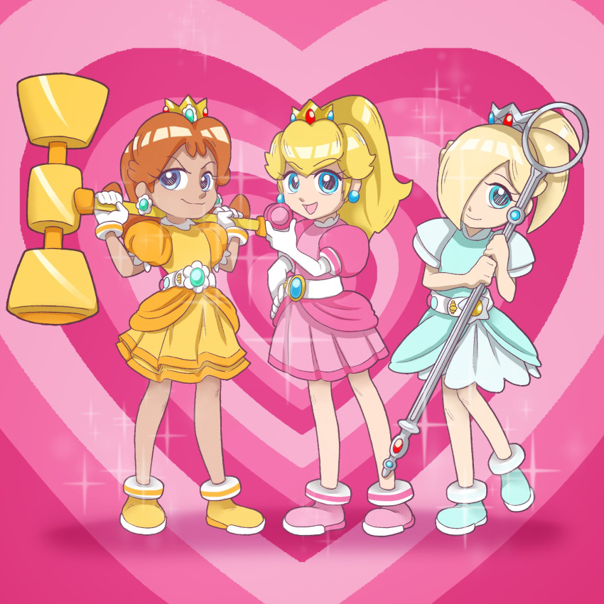 akazutsumi_momoko bare_legs belt blonde_hair blowing_bubbles blue_eyes brown_hair cartoon_network cosplay crown goutokuji_miyako hammer heart highres hyper_blossom jacket kordeliahbella legs mario_(series) matsubara_kaoru nintendo parody powered_buttercup powerpuff_girls_z princess_daisy princess_peach rolling_bubbles rosalina skirt smile toei_animation warner_bros yo-yo