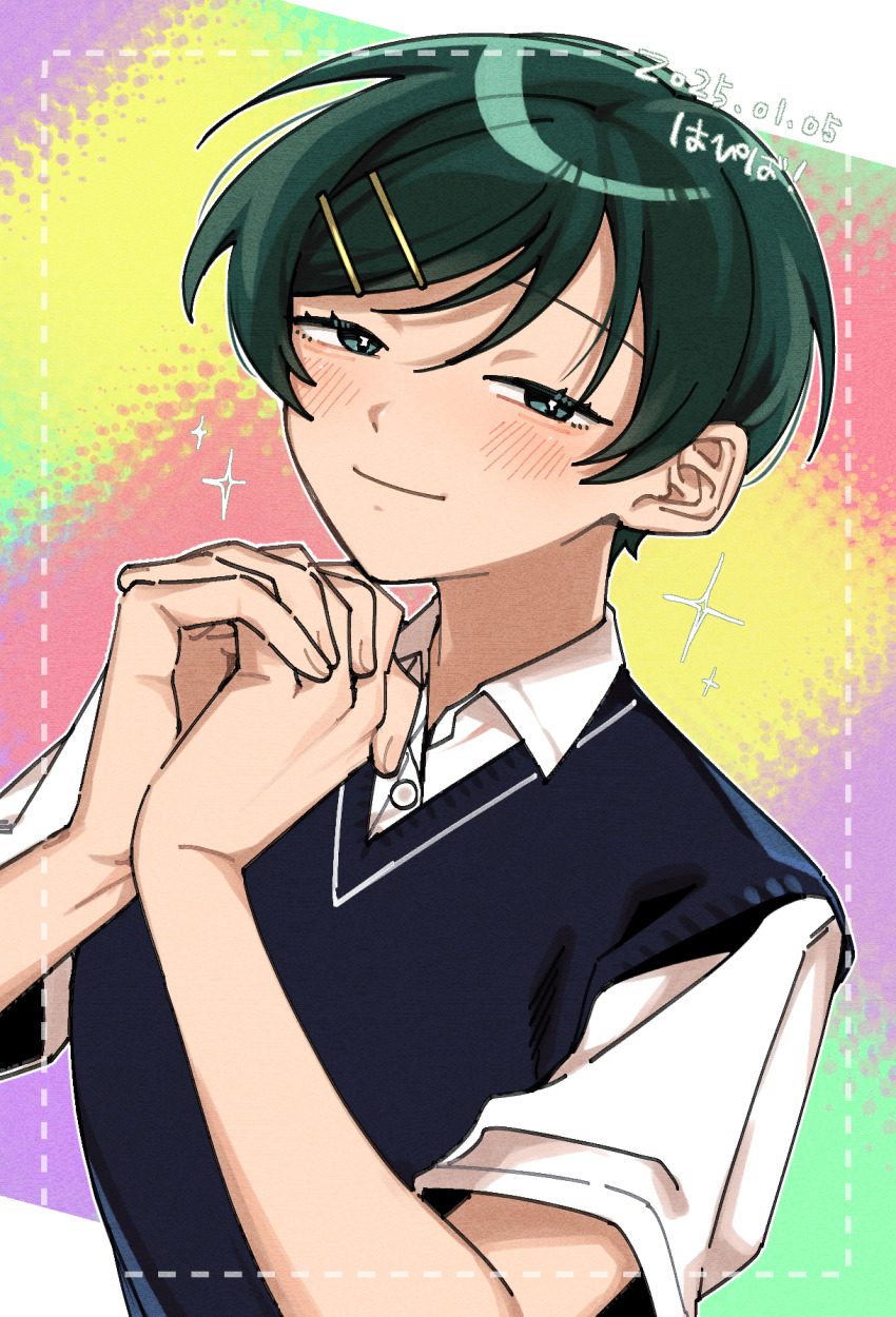 1girl black_sweater_vest blush collared_shirt colorful_background commentary_request dated futsuu_no_keion-bu green_eyes green_hair hair_ornament hairpin half-closed_eyes happy_birthday highres kouyama_rin light_smile looking_at_viewer multi-source_commentary own_hands_clasped own_hands_together pixie_cut rra_(yj) school_uniform shirt short_hair solo sparkle sweater_vest tomboy white_shirt