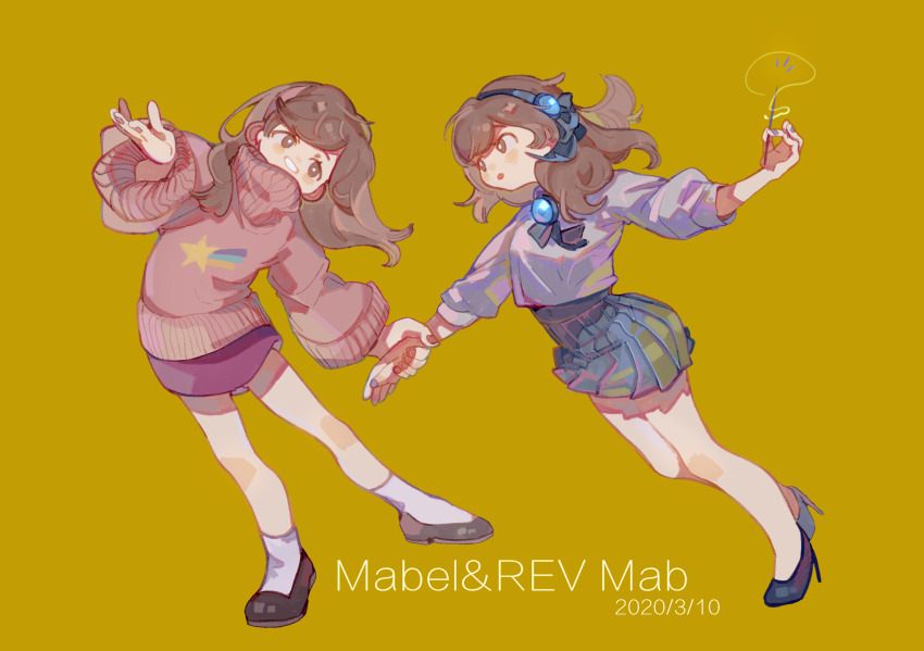 2girls animification ascot black_ascot black_bow black_footwear black_hairband black_skirt blue_gemstone bow brown_eyes brown_hair character_name chinese_commentary collared_shirt commentary_request dated dual_persona eyelashes full_body gem gravity_falls grin hair_bow hairband head_tilt high-waist_skirt high_collar high_heels highres holding holding_another&#039;s_wrist holding_wand light_blush long_hair long_sleeves looking_at_another mabel_gleeful mabel_pines miniskirt multiple_girls nail_polish open_mouth outstretched_hand pink_hairband pink_lips pink_skirt pink_sweater puffy_long_sleeves puffy_sleeves pumps purple_nails purple_shirt red_nails reverse_falls_(gravity_falls) riko-m shirt shooting_star_(symbol) simple_background skirt three-quarter_sleeves smile socks star_(symbol) star_print sweater teeth turtleneck turtleneck_sweater wand white_socks wide_sleeves yellow_background
