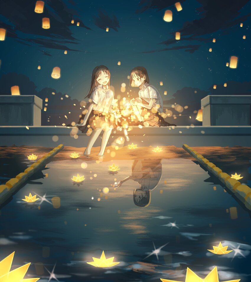 2girls :d absurdres closed_eyes cloud collared_shirt different_reflection highres holding holding_fireworks lantern long_hair medium_hair multiple_girls night open_mouth original outdoors paper_lantern pleated_skirt poolside reflection reflective_water shirt short_sleeves sitting skirt sky smile soaking_feet star_(sky) starry_sky water white_shirt wide_shot wing_collar yoru_410