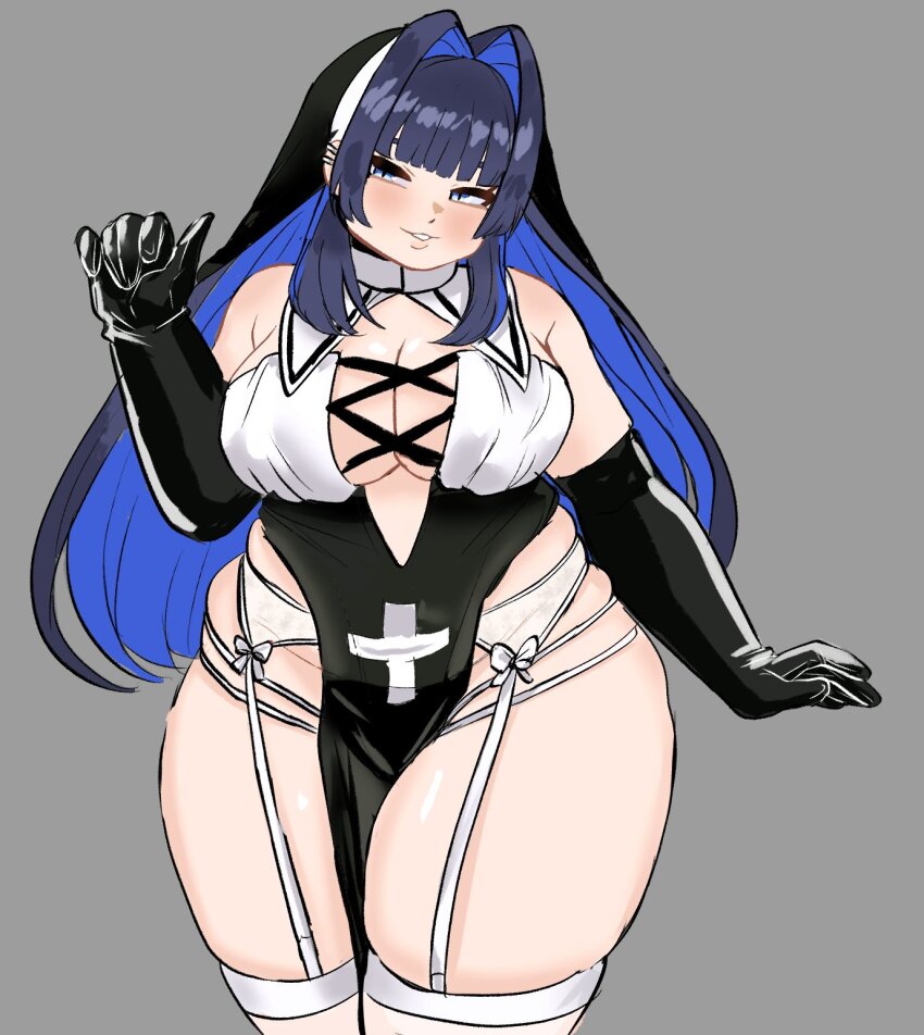 1girl black_gloves blue_eyes blue_hair bow breasts cleavage coif cross detached_collar earrings elbow_gloves garter_belt garter_straps gloves grey_background habit hair_intakes hololive hololive_english jewelry lace-up_top large_breasts lips long_hair nun ouro_kronii peagade pelvic_curtain plump solo standing thick_thighs thighhighs thighs virtual_youtuber white_garter_straps white_thighhighs wide_hips