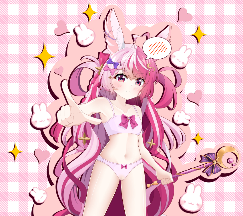 1girl absurdres bell belly bow bra breasts closed_mouth commission crotch_seam flat_chest hair_bow hair_ornament hair_ribbon highres idol_corp lalabell_lullaby long_hair looking_at_viewer magical_girl moon moon_(ornament) multicolored_hair navel panties pink_bra pink_eyes pink_hair pink_panties pointing pointing_at_viewer rabbit_ears rabbit_girl reqware ribbon scepter small_breasts smile solo standing star_(symbol) star_hair_ornament underwear underwear_only very_long_hair virtual_youtuber
