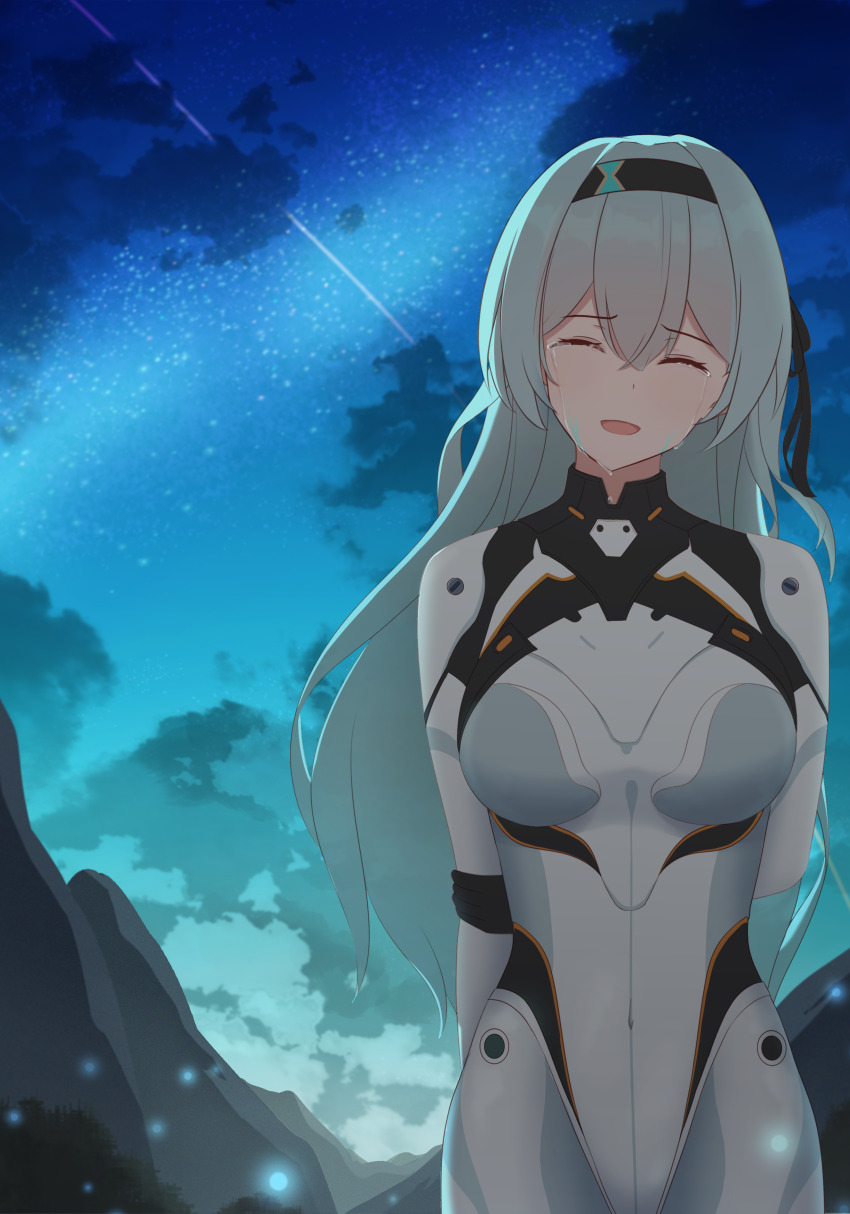 1girl absurdres arms_behind_back black_hairband breasts closed_eyes crying firefly_(ar-26710)_(honkai:_star_rail) firefly_(honkai:_star_rail) grey_hair hair_between_eyes hair_ornament hairband highres honkai:_star_rail honkai_(series) large_breasts long_hair mecha_pilot_suit night night_sky official_alternate_costume open_mouth sky smile star_(sky) starry_sky streaming_tears tears zqz