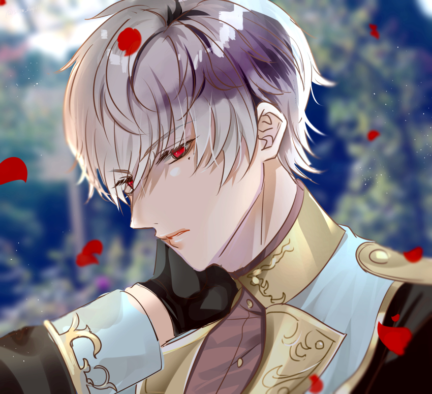 1boy black_gloves blurry blurry_background gloves gold_trim grey_hair hand_up highres ikemen_prince indoors licht_klein male_focus mole mole_under_eye petals portrait red_eyes short_hair solo y_(pixiv69889180)