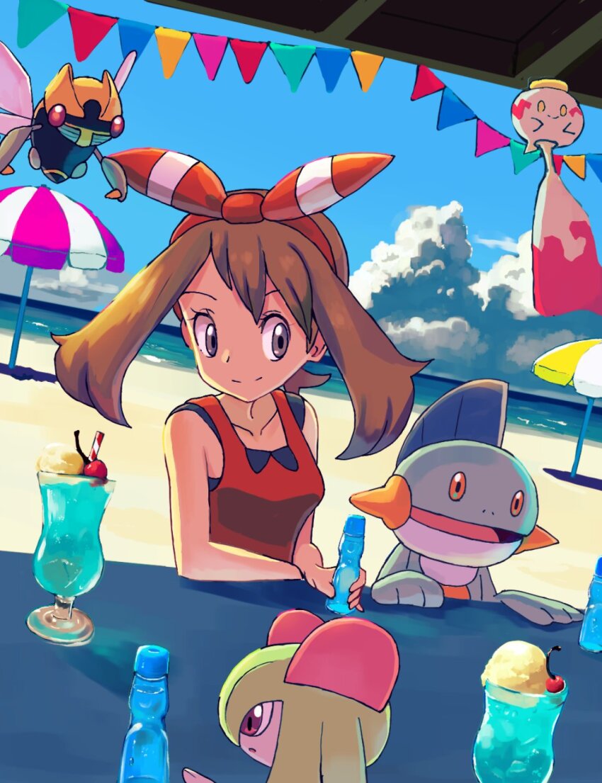 1girl bare_shoulders beach beach_umbrella blue_sky bow brown_hair cherry chimecho closed_mouth cloud cloudy_sky collarbone drink food fruit gen_3_pokemon grey_eyes hair_bow highres ice_cream ice_cream_float kirlia looking_at_another marshtomp may_(pokemon) ninjask nintendo ocean pokemon pokemon_(creature) pokemon_oras red_bow red_shirt rowdon shirt sky sleeveless sleeveless_shirt smile umbrella
