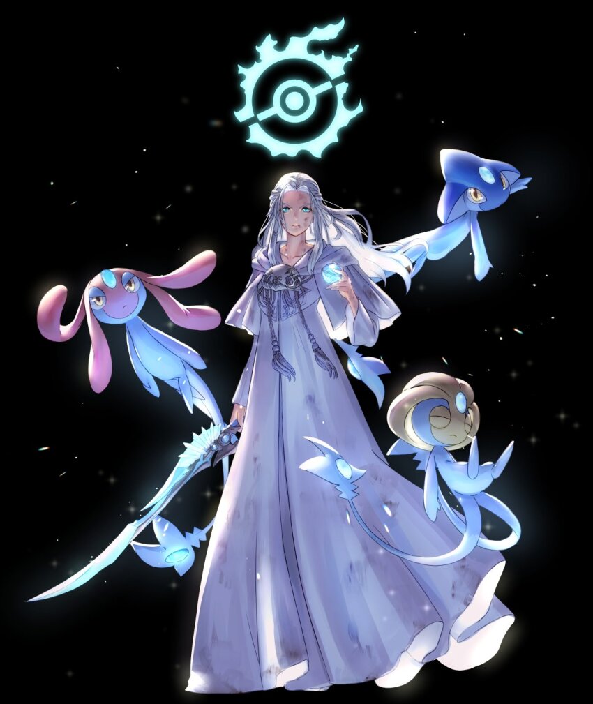 1girl 2024 3others azelf blue_eyes closed_eyes final_fantasy final_fantasy_xiv forehead_jewel gen_4_pokemon gunblade highres holding holding_poke_ball legendary_pokemon long_hair mask mesprit multiple_others nintendo poke_ball pokemon pokemon_(creature) potion_lilac robe uxie venat_(ff14) weapon white_hair white_robe yellow_eyes