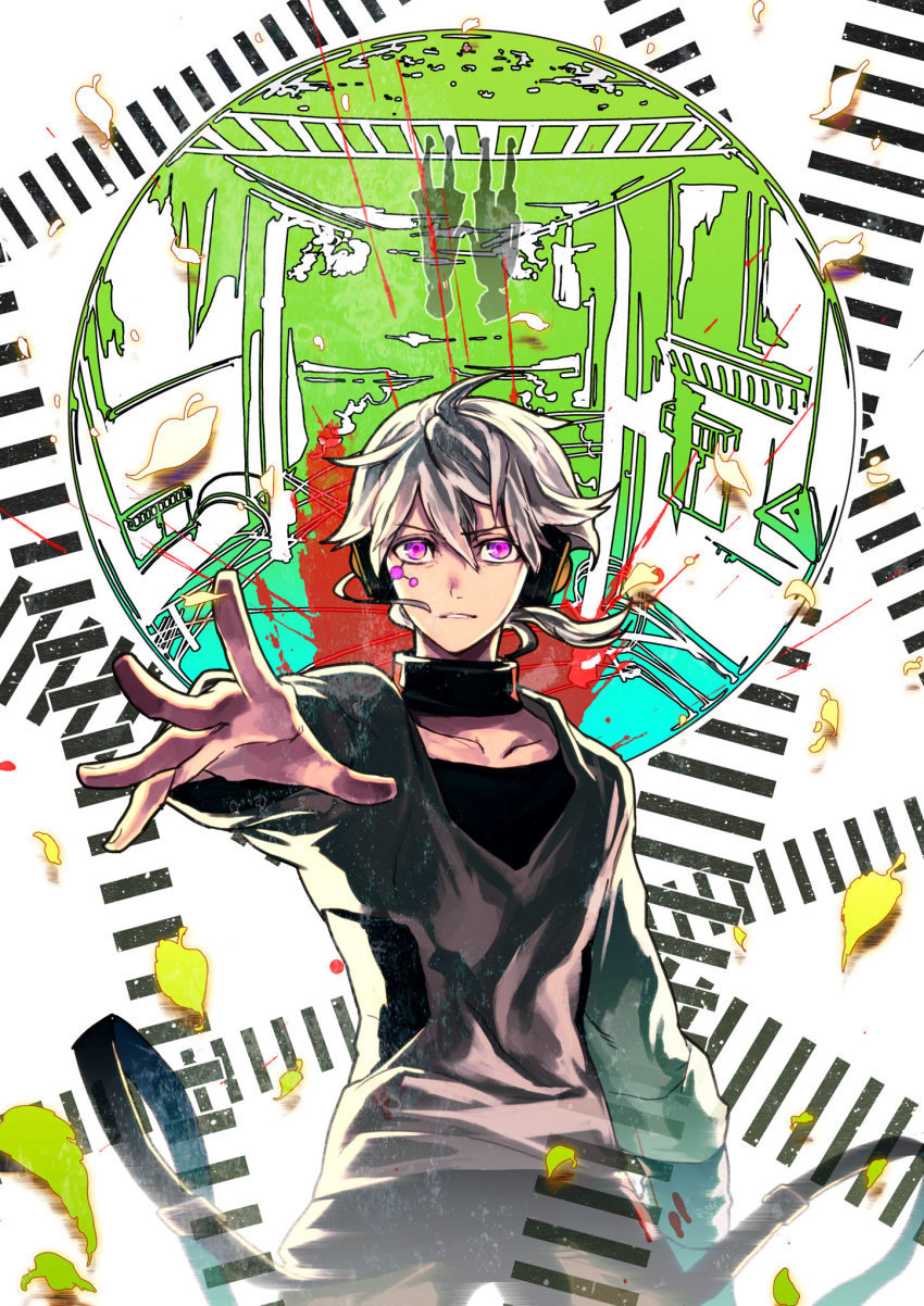 1boy amamiya_hibiya amano_hana asahina_hiyori collarbone headphones highres kagerou_project konoha_(kagerou_project) konoha_no_sekai_jijou_(vocaloid) looking_at_viewer male_focus pink_eyes ponytail silhouette silver_hair solo vocaloid