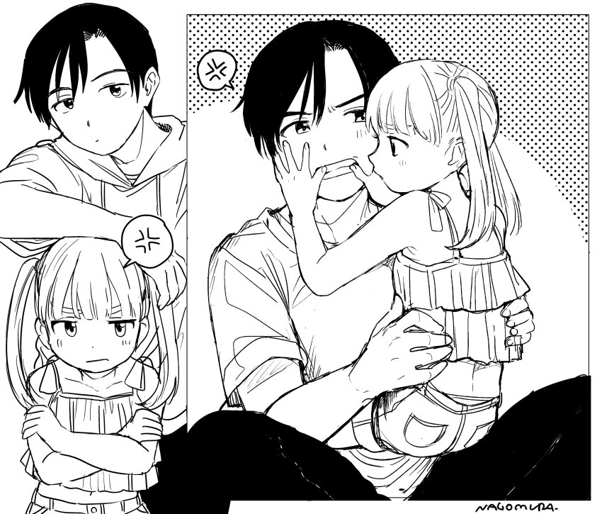 1boy 1girl absurdres anger_vein angry artist_name bare_shoulders black_hair blunt_bangs camisole closed_mouth collarbone collared_shirt dot_mouth dot_nose frown greyscale highres leaning_on_person monochrome multiple_views nagomurasan original own_hands_together shirt short_hair shorts signature sitting sketch speech_bubble spoken_anger_vein two_side_up