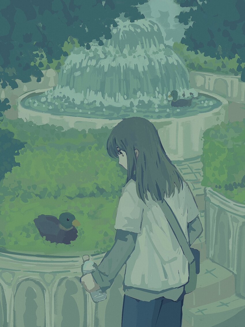 1girl analogous_colors animal bag bird blue_pants bottle cyberseaurchin duck fountain grass green_bag green_hair green_sleeves highres holding holding_bottle limited_palette looking_at_animal original outdoors pants plant shirt water water_bottle