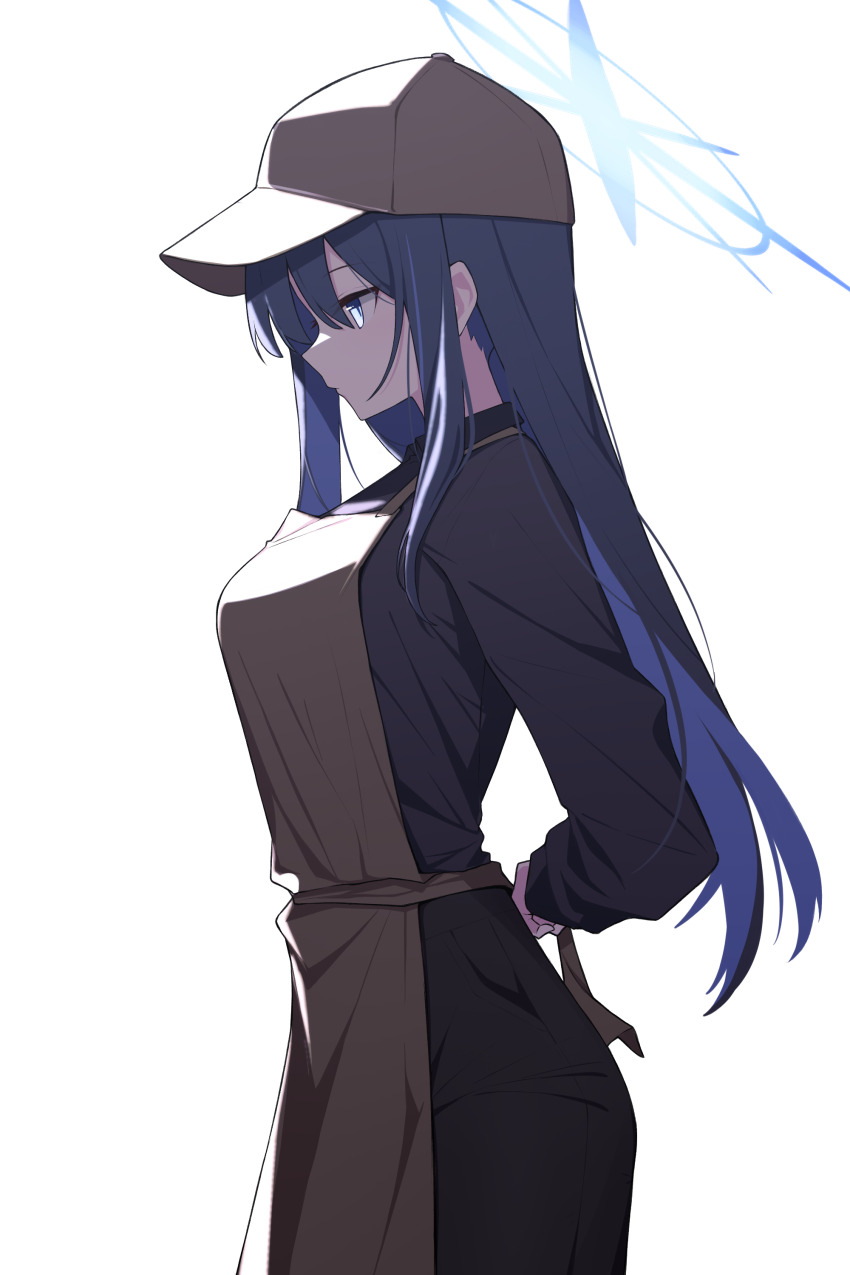 1girl absurdres apron arms_behind_back black_pants black_shirt blue_archive blue_eyes blue_hair blue_halo brown_apron brown_hat commentary_request from_side halo hat highres long_hair long_sleeves mmhomm pants profile saori_(blue_archive) shirt simple_background solo white_background