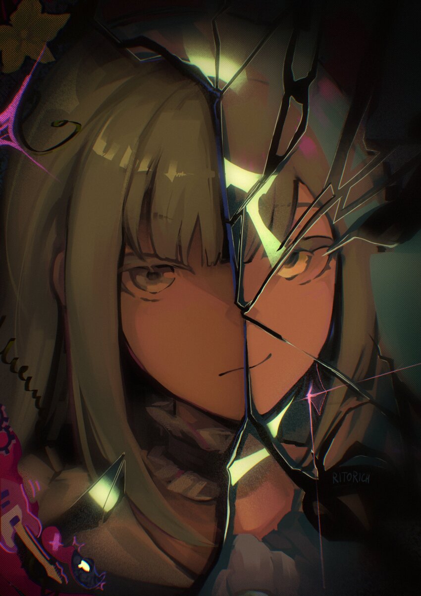 1girl absurdres bang_dream! bang_dream!_it&#039;s_mygo!!!!! broken_mirror electric_guitar frown green_hair guitar highres instrument long_hair mirror mortis_(bang_dream!) portrait revealing_layer ritorich smile solo wakaba_mutsumi