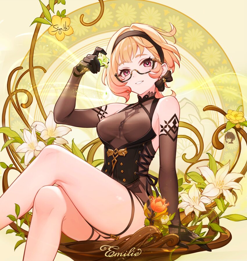 1girl absurdres alternate_costume bare_shoulders black-framed_eyewear black_gloves black_hairband blonde_hair blue_flower breasts character_name corset earrings elbow_gloves emilie_(genshin_impact) feet_out_of_frame flower genshin_impact glasses gloves grin hairband hand_up highres holding holding_flower jewelry looking_at_viewer medium_breasts purple_eyes short_hair sitting siya_ho smile solo thigh_strap thighs