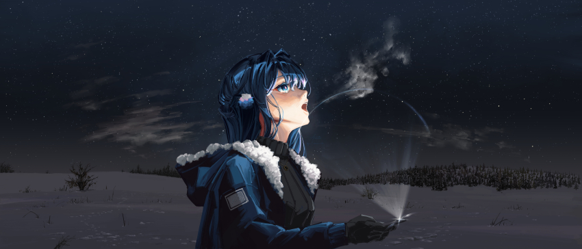 1girl absurdres alternate_costume animal_ears arknights astesia_(arknights) bird_ears black_sweater blue_coat blue_eyes blue_hair breath bright_pupils cellphone coat cold forest fur_trim gloves highres holding holding_phone immeasurable light_from_below long_hair nature open_mouth outdoors phone sky smartphone snow solo star_(sky) starry_sky sweater white_pupils
