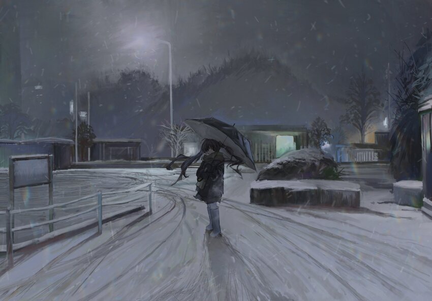 1girl black_coat black_gloves black_hair black_skirt black_umbrella blue_boots boots coat fence gloves green_scarf highres holding holding_umbrella kibishiihiekomi lamppost leggings long_hair looking_at_viewer night original outdoors road rubber_boots scarf scenery skirt snow snowing solo standing tree twintails umbrella white_leggings wide_shot winter winter_clothes