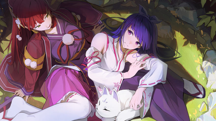 2girls absurdres arm_support ayanokouji_kanna character_request check_character detached_sleeves green_eyes hair_ribbon highres japanese_clothes kimono lying lying_on_another lying_on_lap maplestory medium_hair miko multiple_girls purple_eyes purple_hair re0n red_hair ribbon sandals sitting yukata zouri
