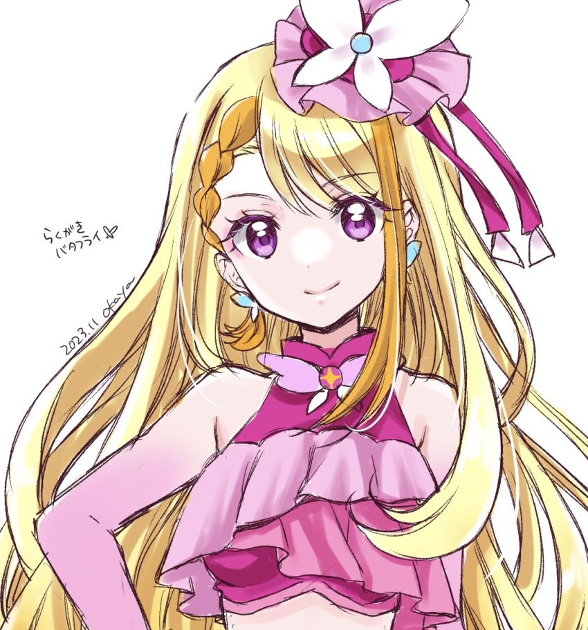 1girl blonde_hair brooch butterfly_hat cure_butterfly dated earrings hirogaru_sky!_precure jewelry long_hair looking_at_viewer magical_girl midriff multicolored_hair navel okayashi precure purple_eyes signature smile solo upper_body very_long_hair
