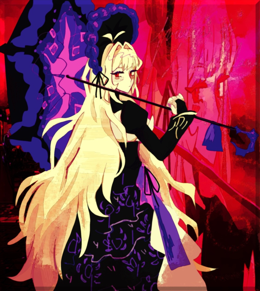 1girl antenna_hair black_dress blonde_hair bonnet closed_mouth dress dulcinea_(project_moon) frilled_bonnet frilled_umbrella frills full_body highres holding holding_umbrella limbus_company long_hair looking_at_viewer parasol project_moon purple_bonnet purple_ribbon purple_umbrella red_background red_eyes ribbon sidelocks simple_background sincla11r solo standing umbrella very_long_hair